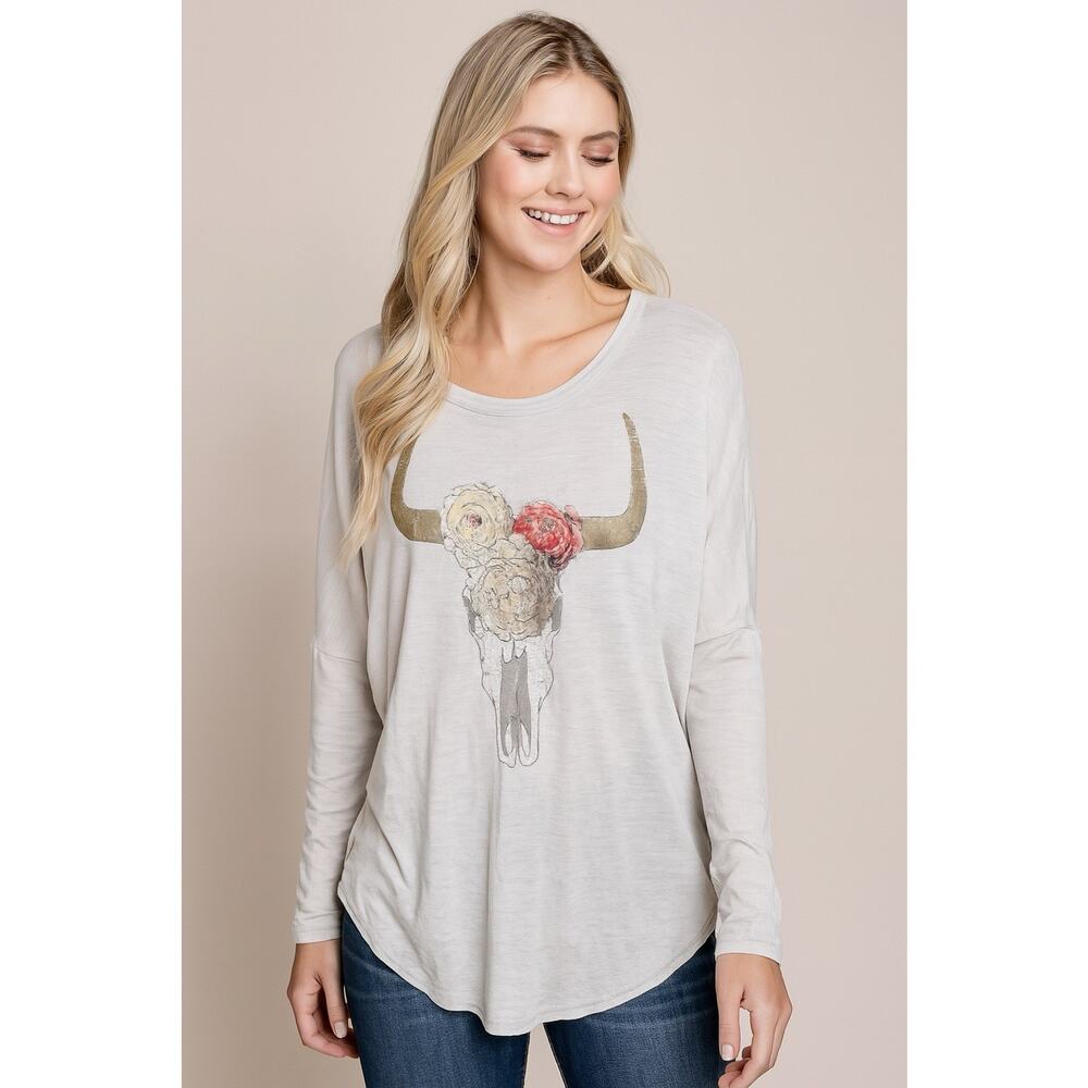 Chaser Shirt‎ Women's S Gray Bull Skull Burnout Western Curve Hem Dolman Floral